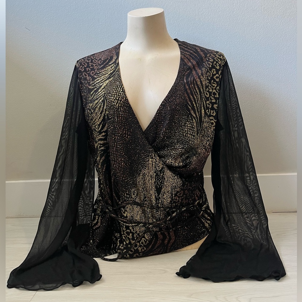 Tradition Metallic Shinering Animal print with black sheer flare sleeves